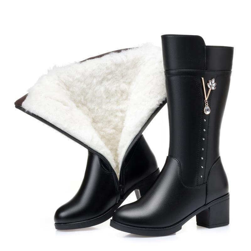 Female Winter Boots New Genuine Leather Female Boots Big Size Wool Booties Woman Non-slip 40 black