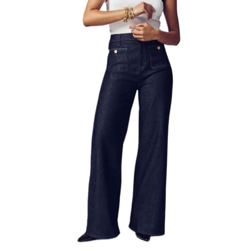Women Jeans Flared Hem Straight Stretchy Vintage Loose Wide Leg High Waist Casual Multi Pockets Button Decor Streetwear XXL blue