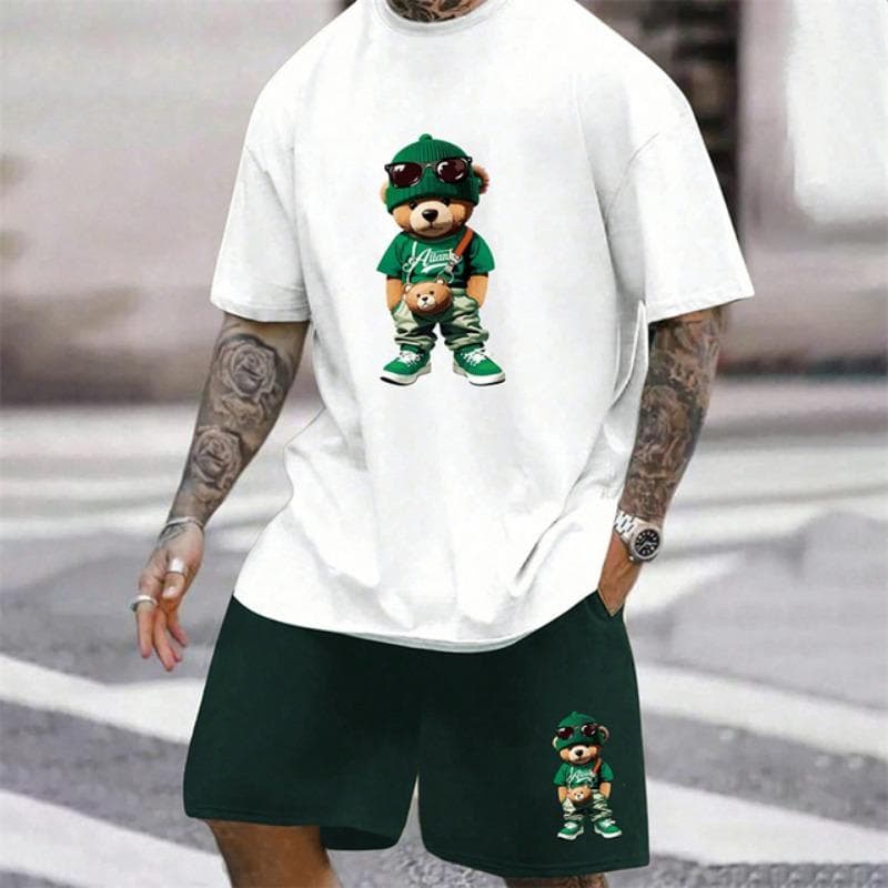 2025 Fun Bear Harajuku T-Shirt Men's Summer Loose Daily Couple Suit Outdoor Street Short Sleeve Shorts Two Piece Men Summer Suit 3XL