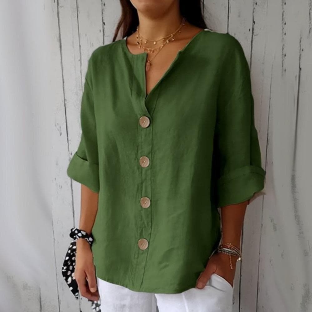 Plain Shirt for Women Women's Loose V Neck Three Quarter Sleeve T Shirt With Buttoned Classic Solid Color Commuting Tops 2XL green