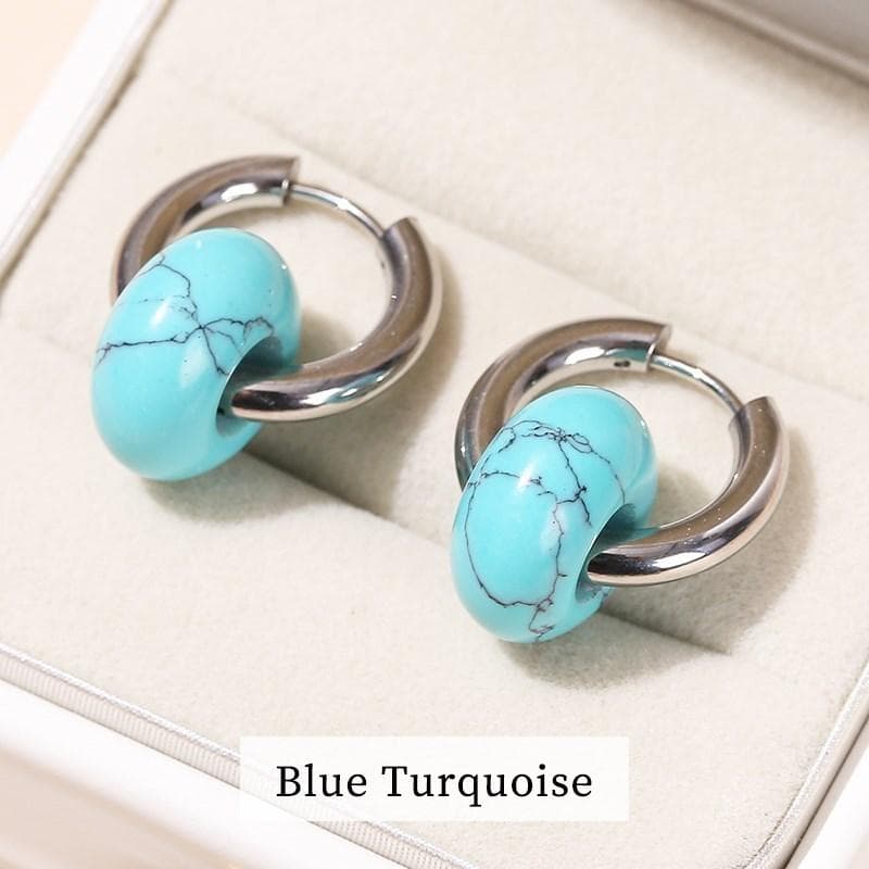 Change Better Natural Stone Agate Turquoise Silver Color Hoop Earrings Women Stainless Steel Donut Chunky Hanging Ear Buckles blue