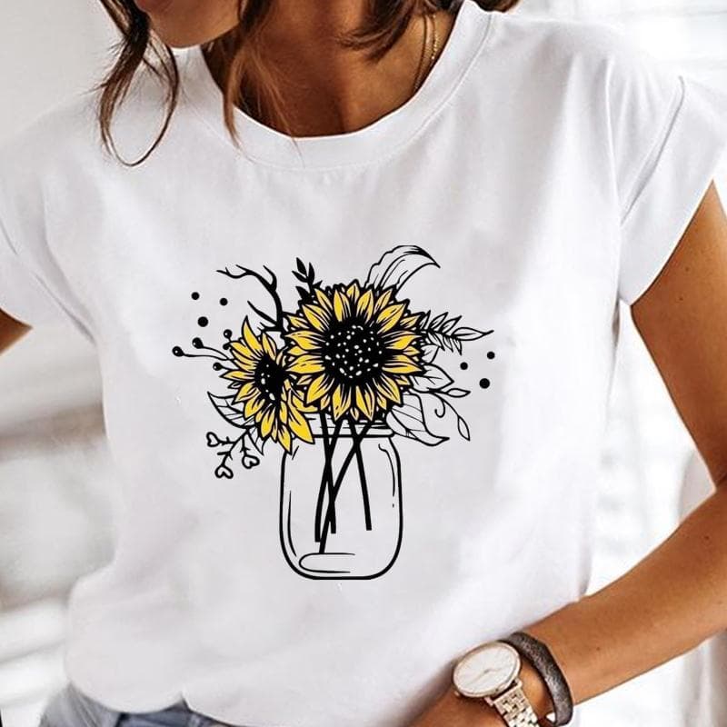 Women Short Sleeve Flower Watercolor Trend 90s Cute Print Tee Top Summer Fashion Tshirt Clothing Casual Lady Female Graphic T-shirt XXXXL
