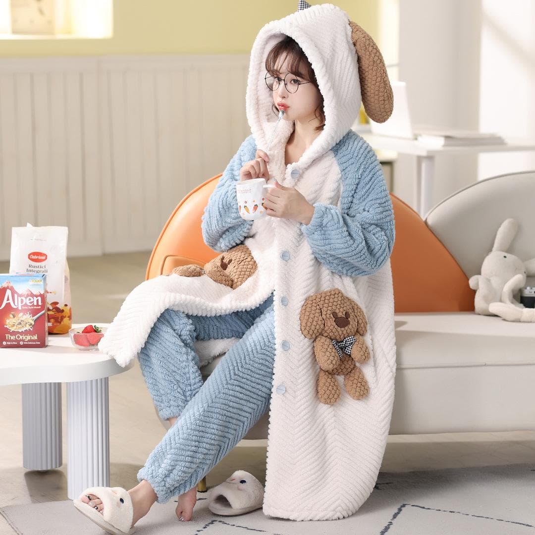 Winter Hooded Long-sleeved Pajamas and Pants Warm Flannel Pajamas Set for Women Cute Cartoon Doll Bear Role-playing Bathrobe L