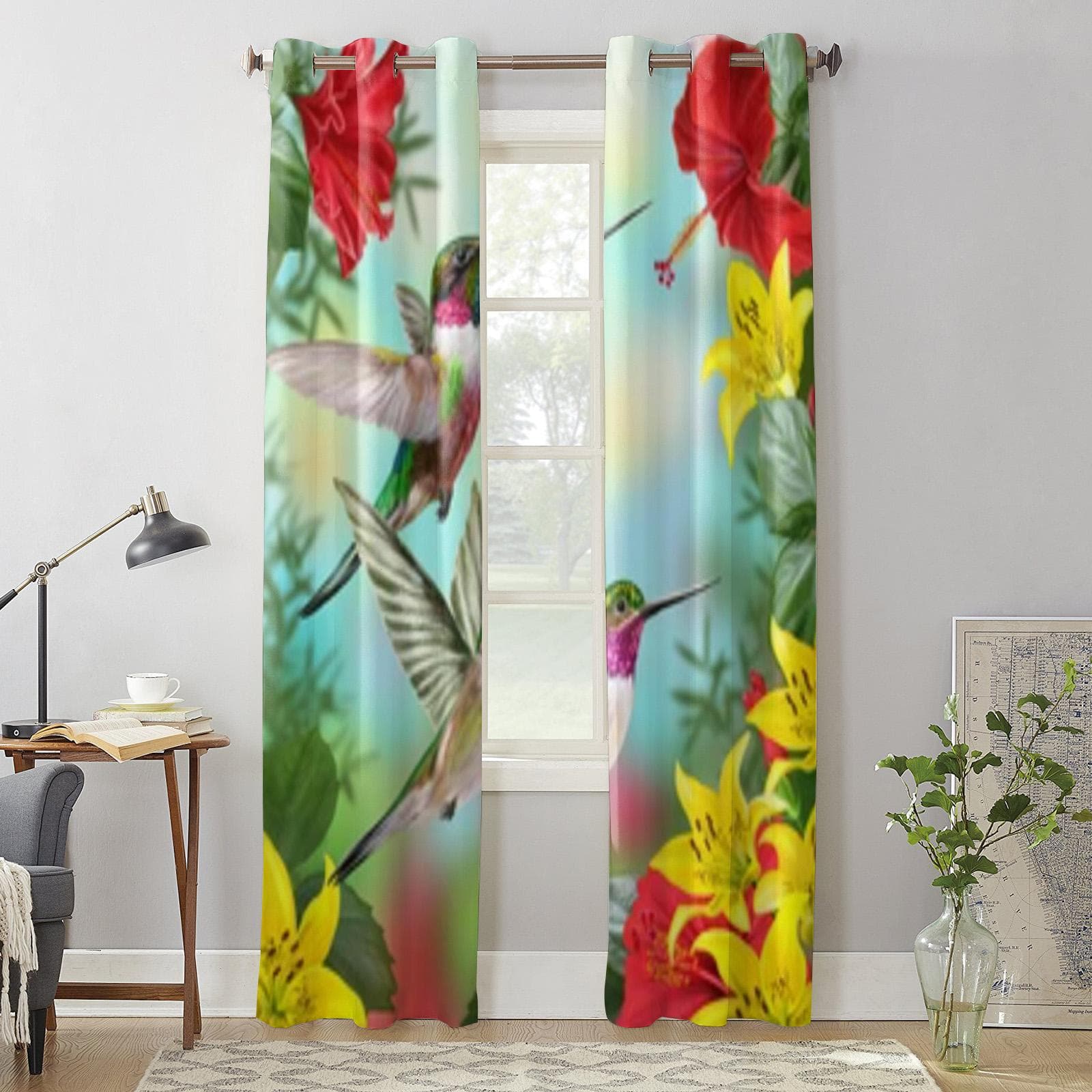 Hummingbirds On A Hibiscus And Yellow Lilies Window Curtains For Living Room Kitchen Modern Curtains Home Decor Blinds Drapes 135W x 60H(cm) x1