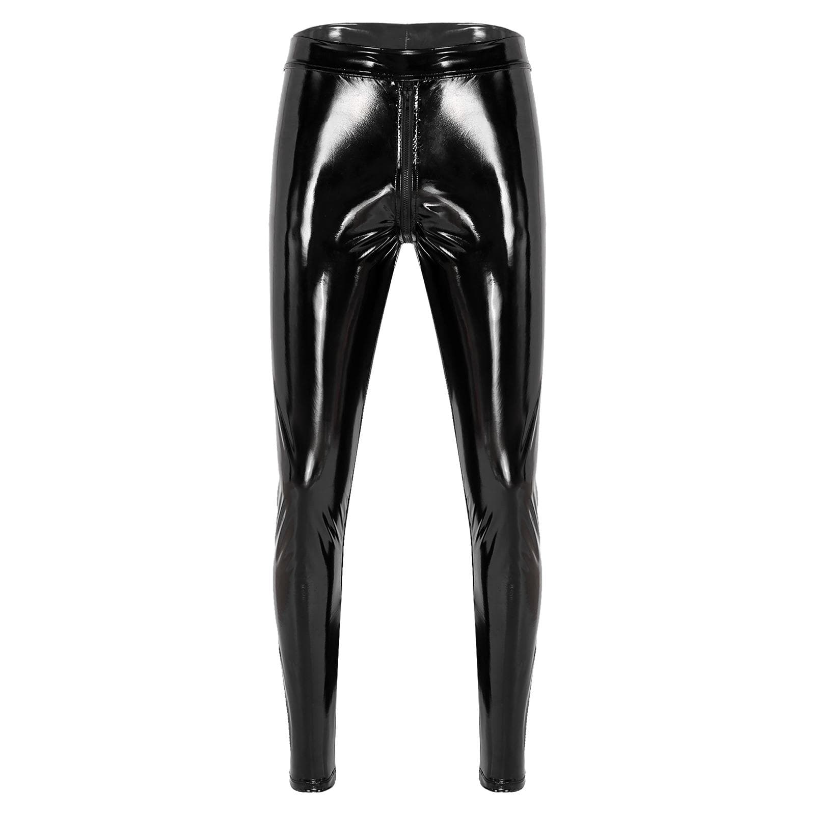 Mens Two Way Zipper Pants Wet Look Patent Leather Skinny Fit Clubwear M black