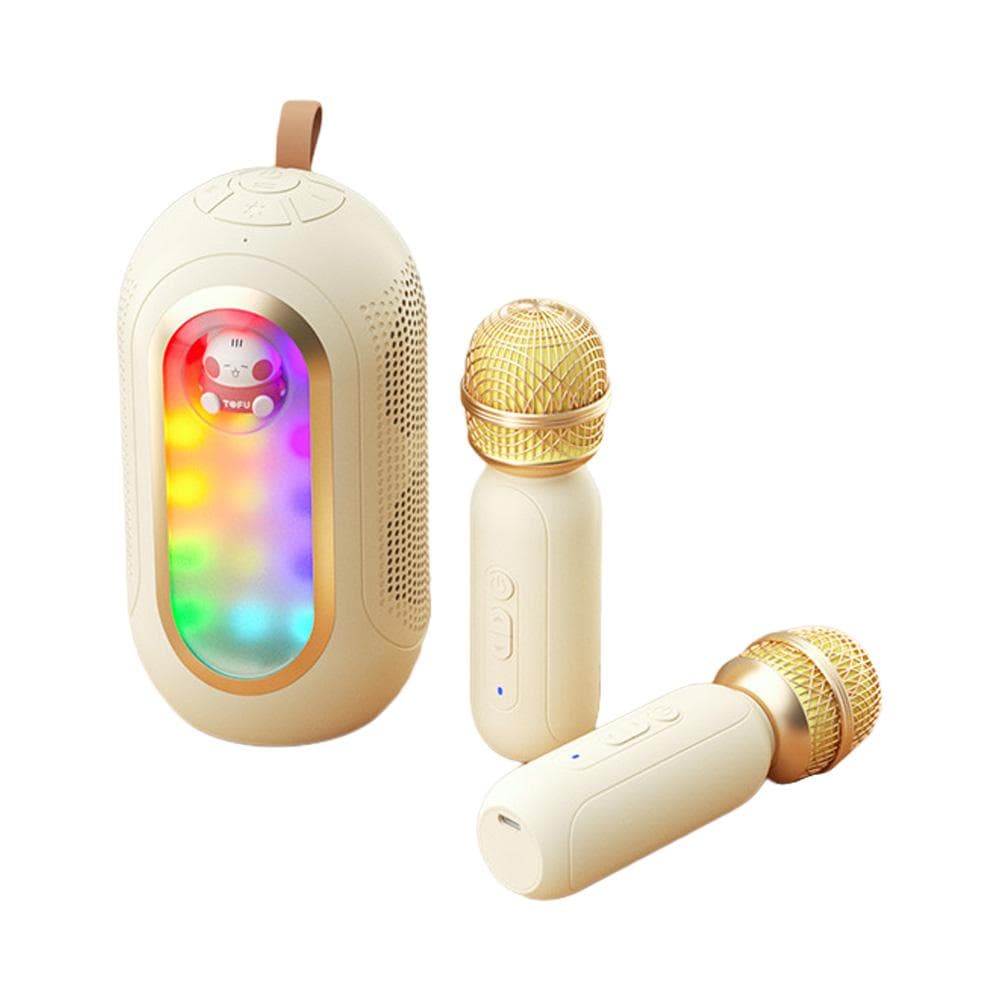 Mini Karaoke Machine Wireless Microphone and Speaker Set with 2 Microphone Rechargeable LED Color beige