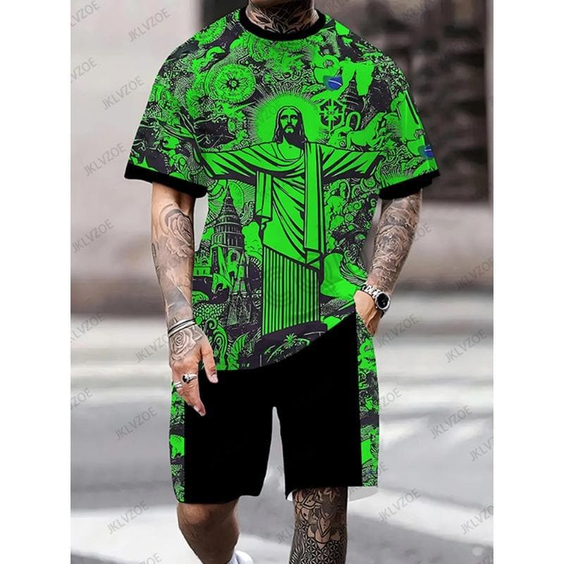 Summer Brazil Jesus Special Edition Football Jersey T-shirt+Shorts Set Sports Training Uniform Casual Kids/Adult Outfit XS