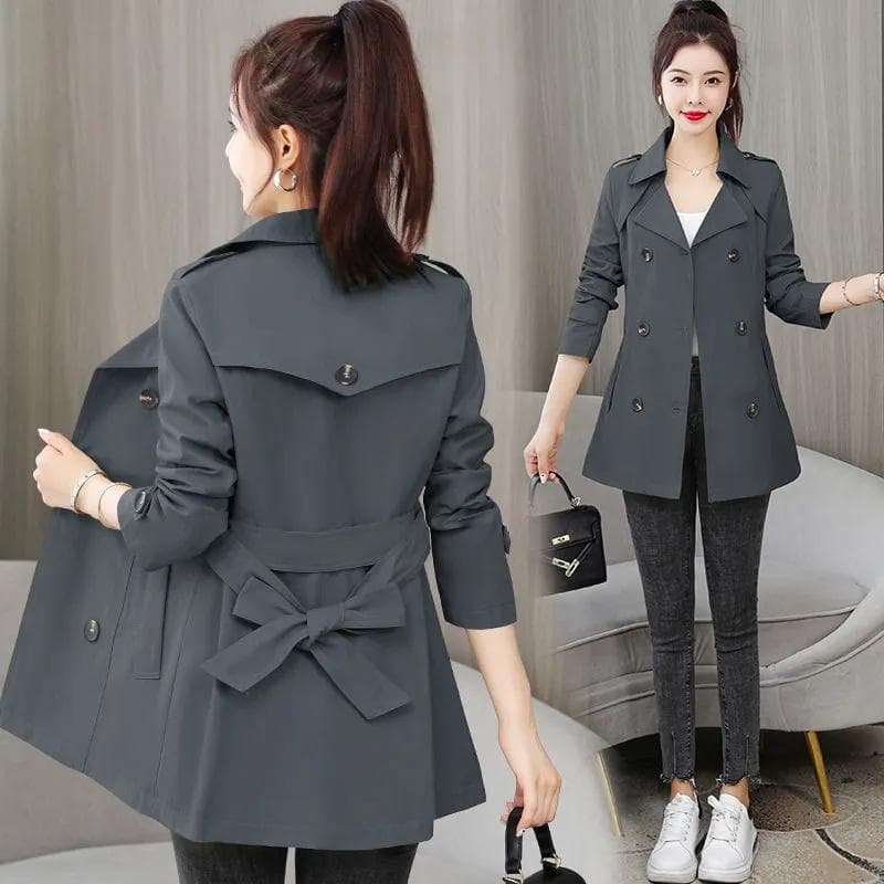 Spring Autumn Trench Coat Women Clothes Slim Long-Sleeved Short Windbreaker with Belt Casual Outwear Female Tops Lining XL grey