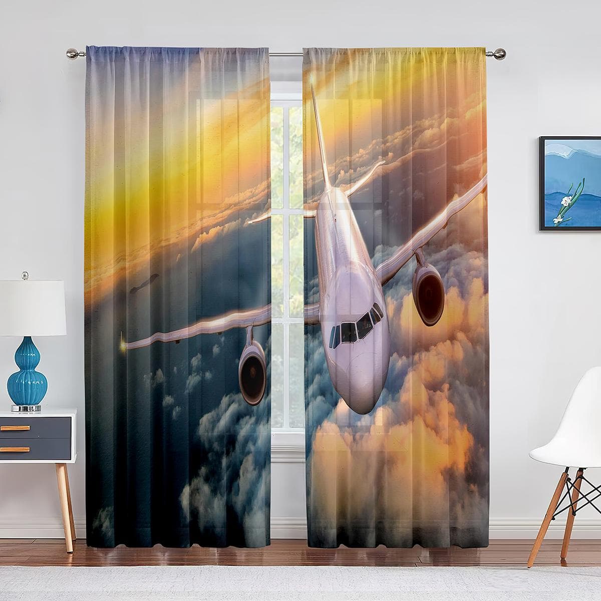 Airplane Flying Over The Sea Sunset Natural Sheer Curtains for Living Room Chiffon Voile WIndow Bedroom Tulle Curtains Drapes 1 PCS W100XH250cm&Grommet Top