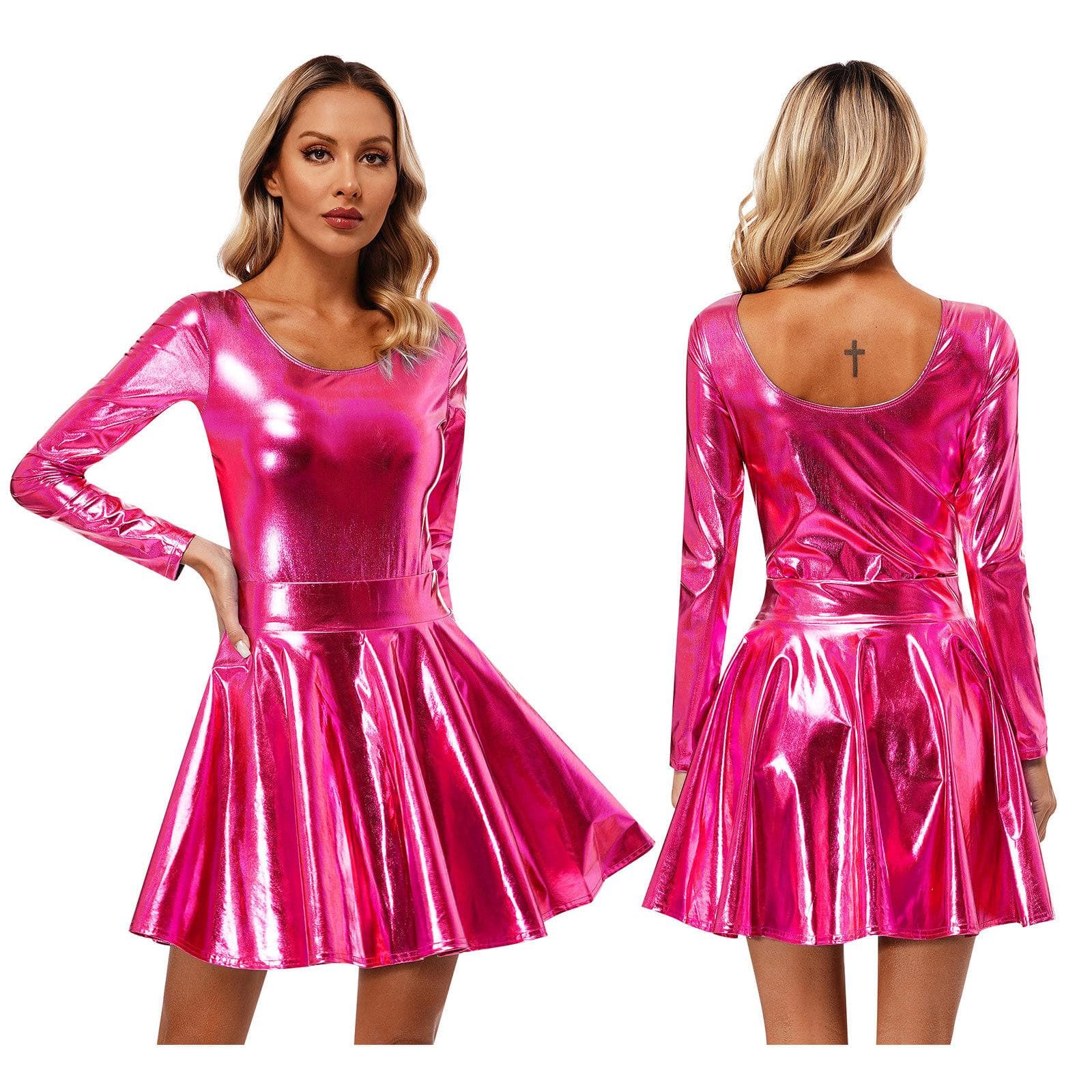 Women's Shiny Metallic Gymnastics Leotard and Pleated Skirts Athletic Dancewear L hot pink