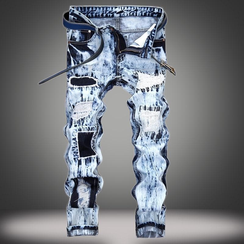 MAITA Men Retro Jeans Personality Hole Patch Slim Straight Jeans Pants for Male Plug Size 28-42 32 blue