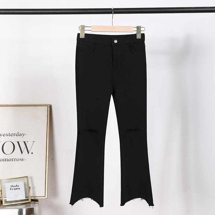 Spring and Autumn New Single-button Irregular Micro-horn Nine-point Pants Slim-fitting and Thin Leggings with Holes Outside XXXL black