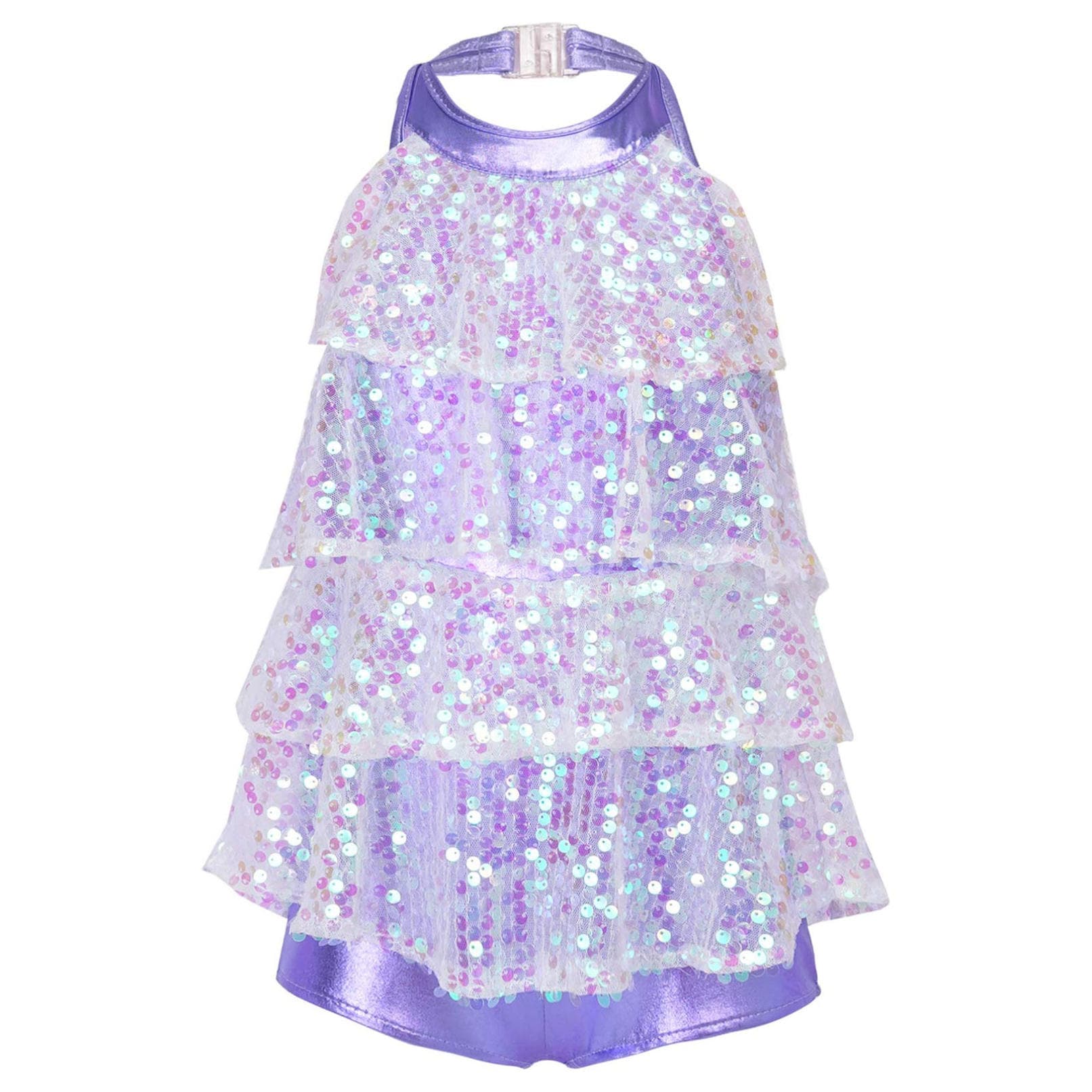 Dancewear for Kids Girls Halter Neck Shiny Sequins Jazz Dance Costume Shorty Unitard Dress Stage Performance 3-4 Years lavender
