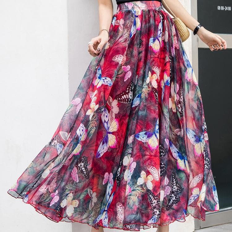 Women Chiffon Half-body Dress 2025 Spring Summer New Floral Half-body Vacation Style Beach Skirt XL red