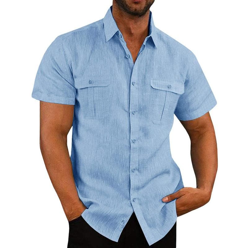 Summer Cotton Linen Casual Shirts Men Short Sleeve Solid Color Turn Down Collar Shirt Mens Breathable Beach Style Blouse 5XL 3XL blue