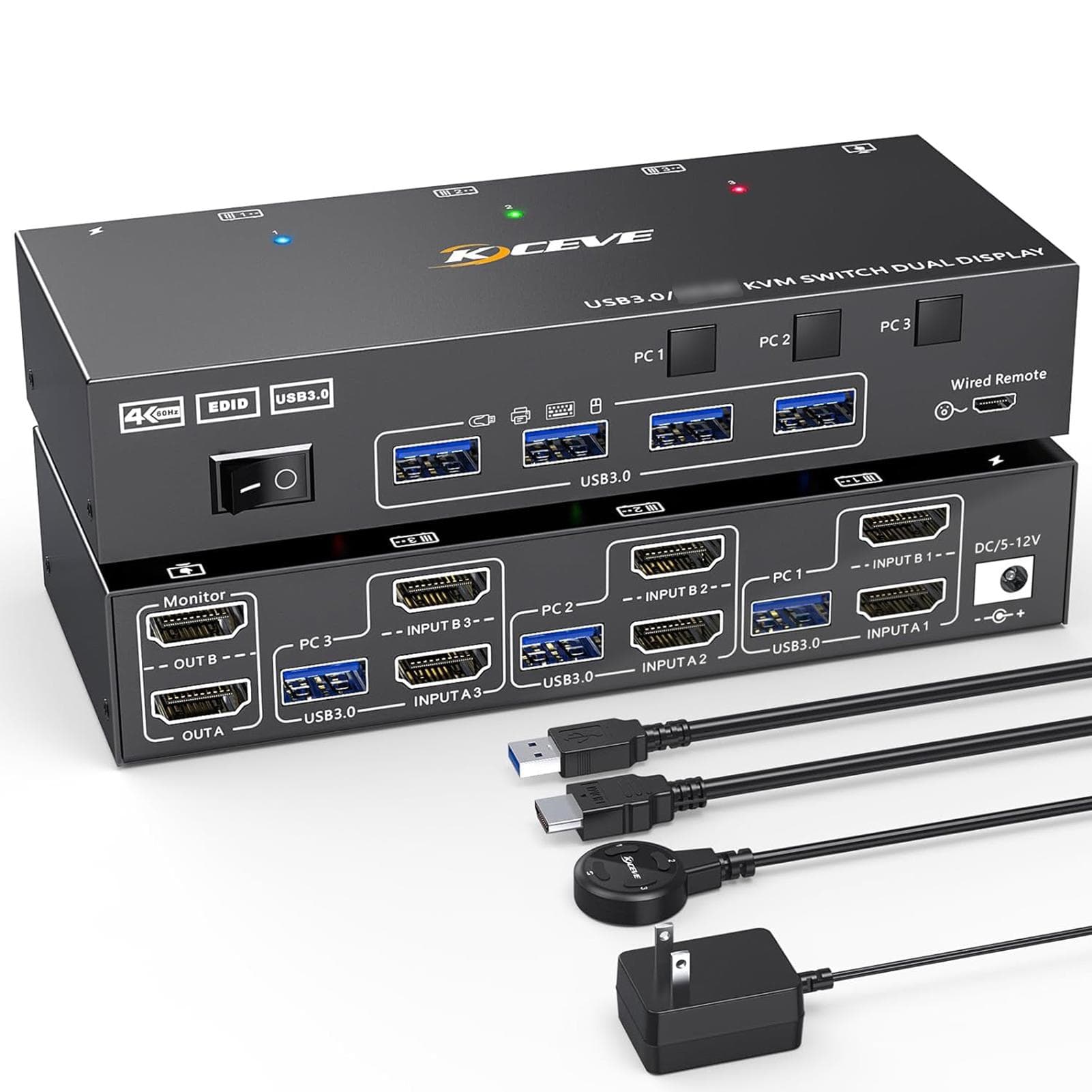 Dual Monitor KVM Switch USB 3.0 HDMI-Compatible KVM Switch 2 Monitors 3 PCs 4K@60Hz 2K@144Hz, EDID black