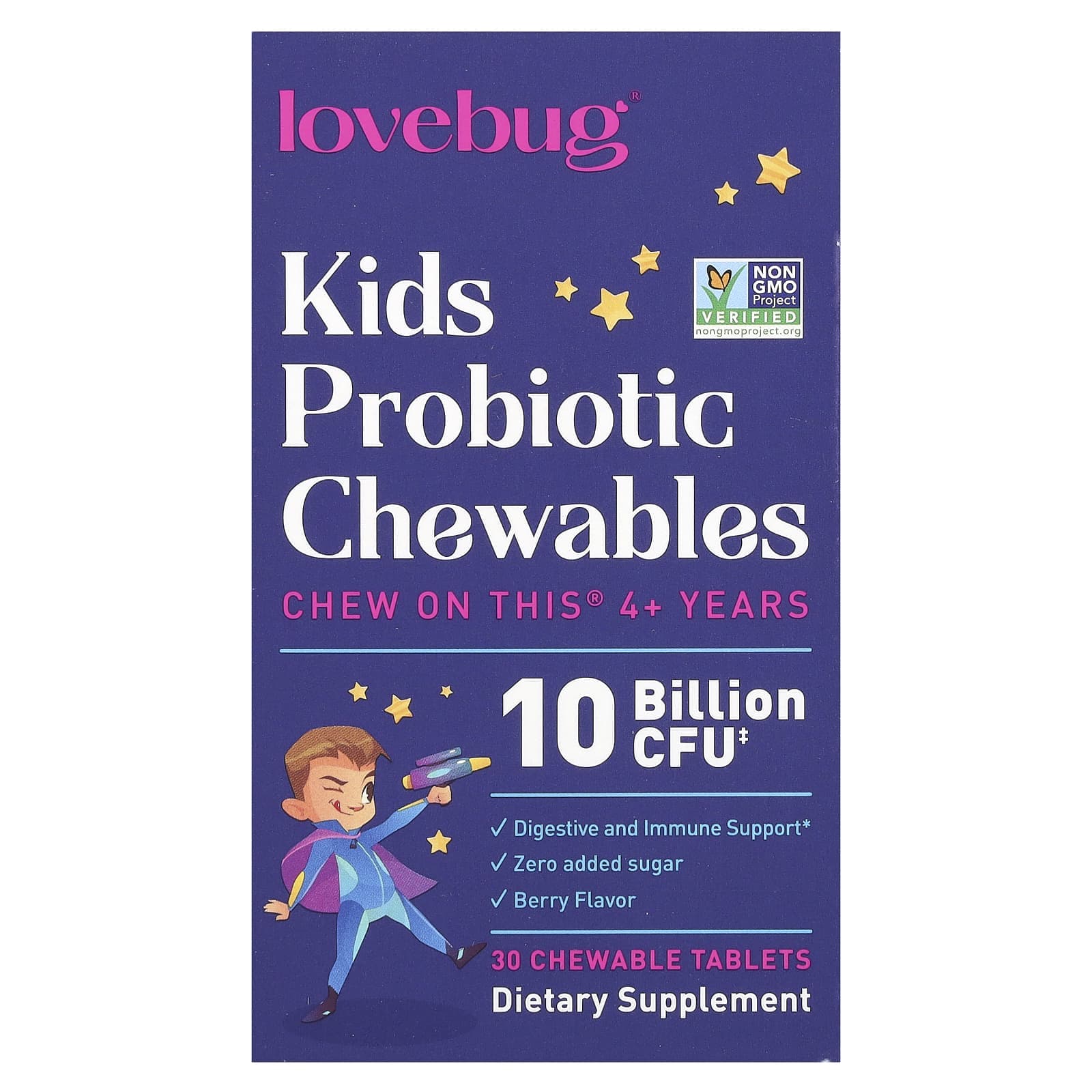 LoveBug Probiotics, children's probiotic, for ages 4+, berry flavor, 10 billion CFU, 30 chewable tablets