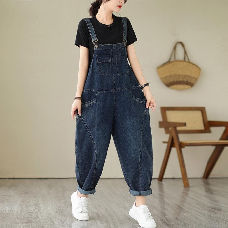 Autumn Women's Denim Jumpsuit Literary and Artistic Oversized Loose Slimming Suspender Design Strap Jeans Overall S blue