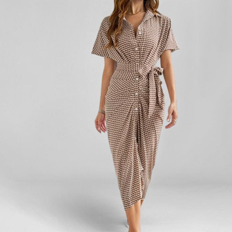 New Women's Clothing Elegant and Fashionable Printed Single-breasted Lapel Dress for Women L brown
