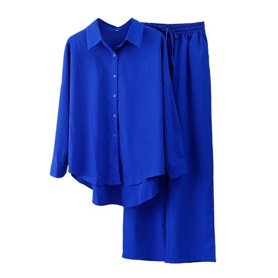 2 Pcs/Set Autumn Blouse Pants Set Fabulous Cardigan Solid Color Daily Wear Clothes 4XL blue