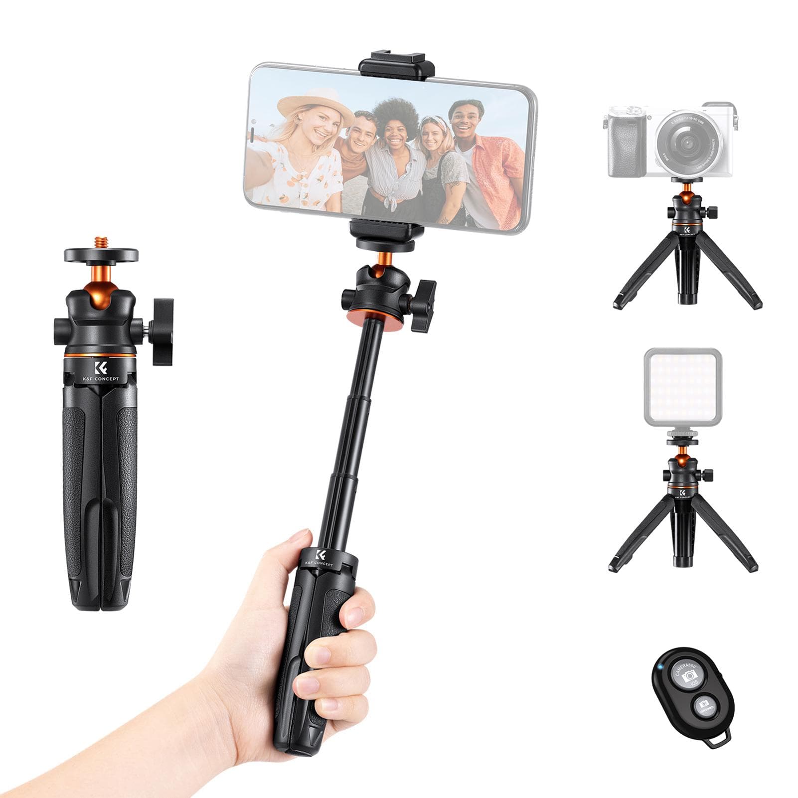 Portable Extendable Selfie Stick Tripod Aluminum Alloy 1/4 In Screw 2kg Load Capacity black