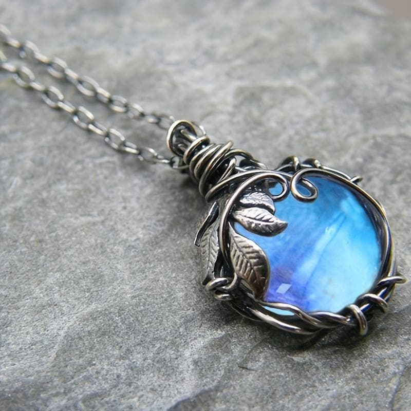 Vintage Blue Moonstone Pendant Leaf Winding Necklace With Leather Rope Jewelry Gift blue