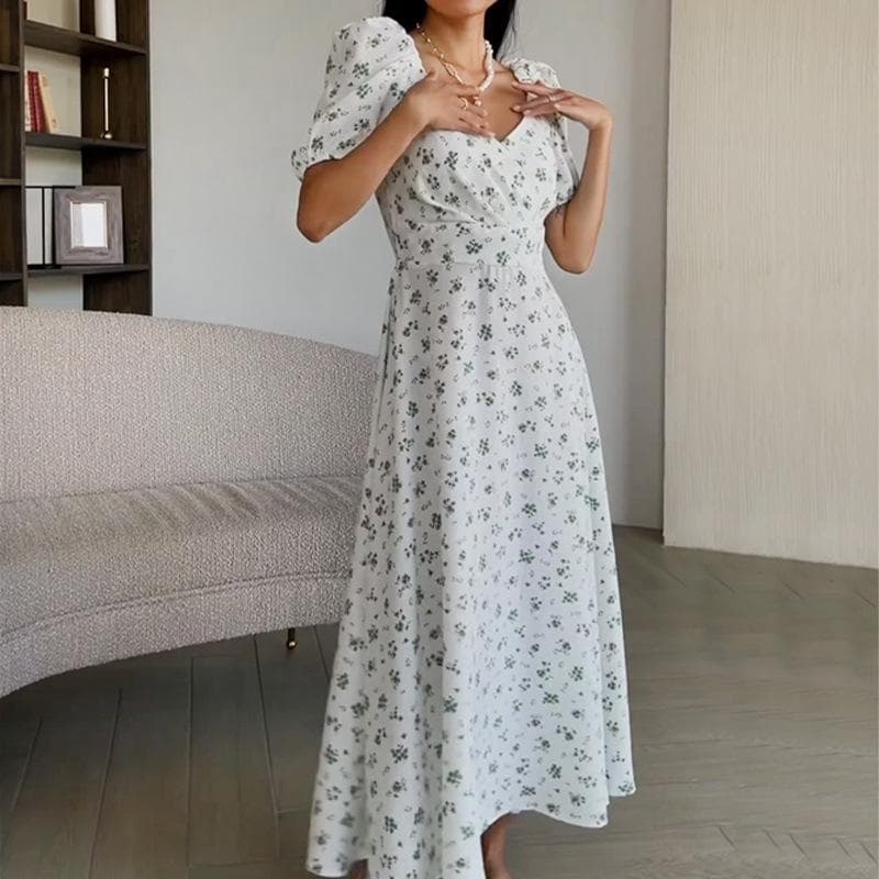Dopamine Wears New Women's Sexy V-neck Puff Sleeve French Elegant Floral Dress 3XL