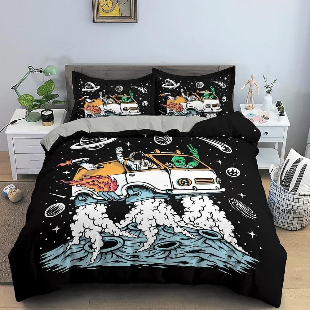Mysterious UFO Alien Bedding Set Luxury Bedclothes Cartoon Print Polyester Duvet Cover With Pillowcase For Bedroom Decor US Twin 173x218cm