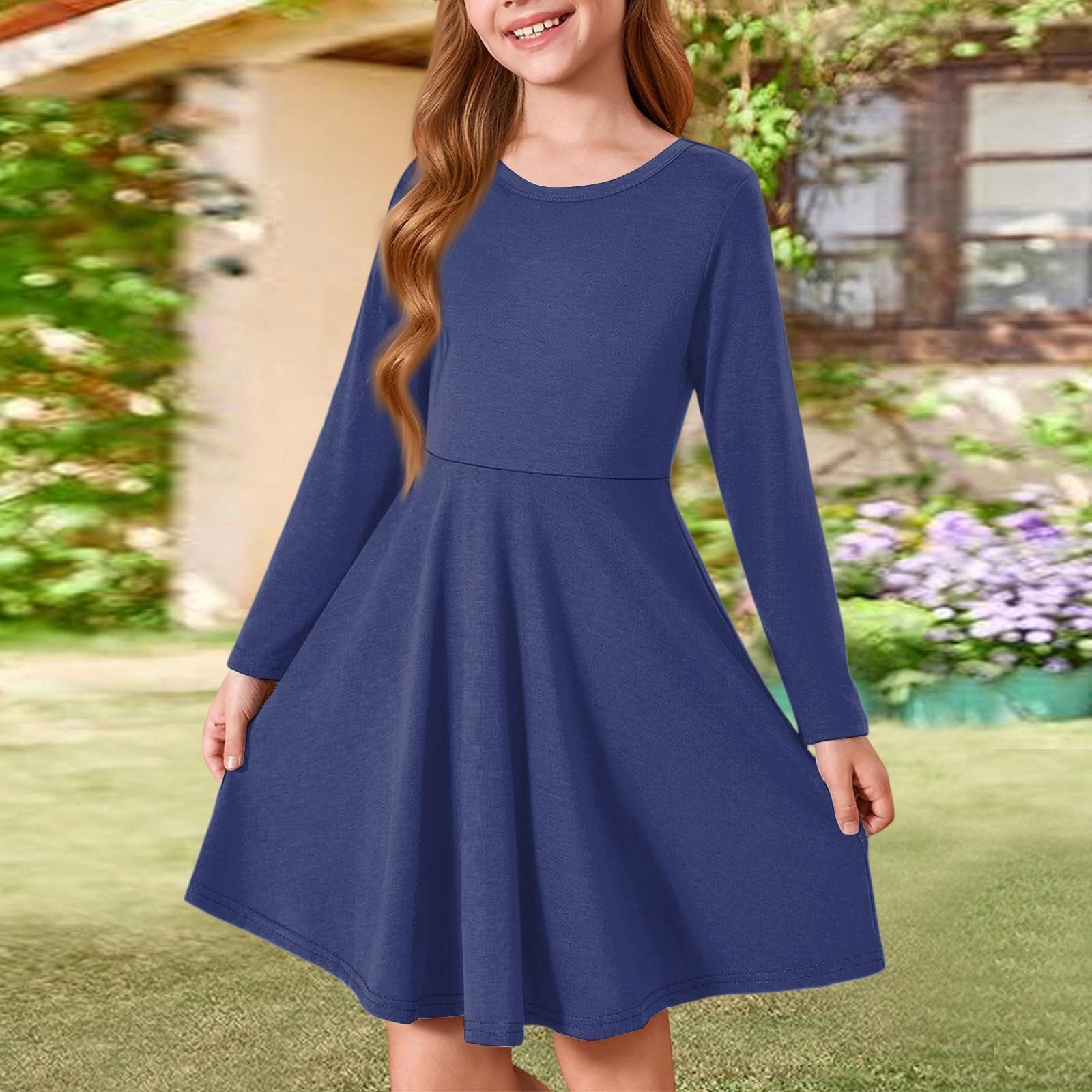 Girls' Summer Princess Dress - Long Sleeve A-Line T-Shirt Dress 120 dark blue
