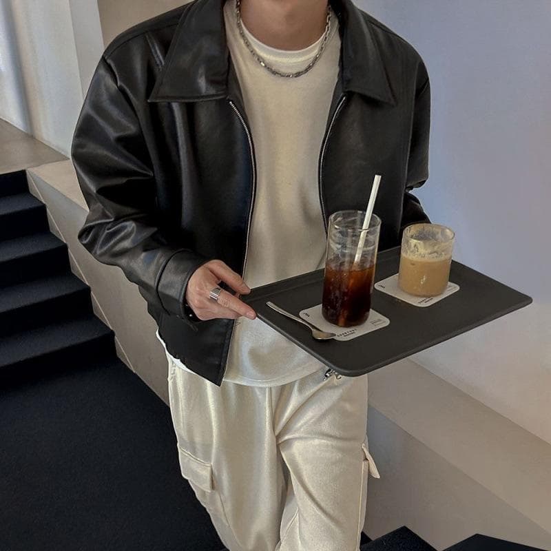 Piushuai Short Leather Jacket Men's Spring New Lapel Top Korean Style Loose Leather Jacket M black