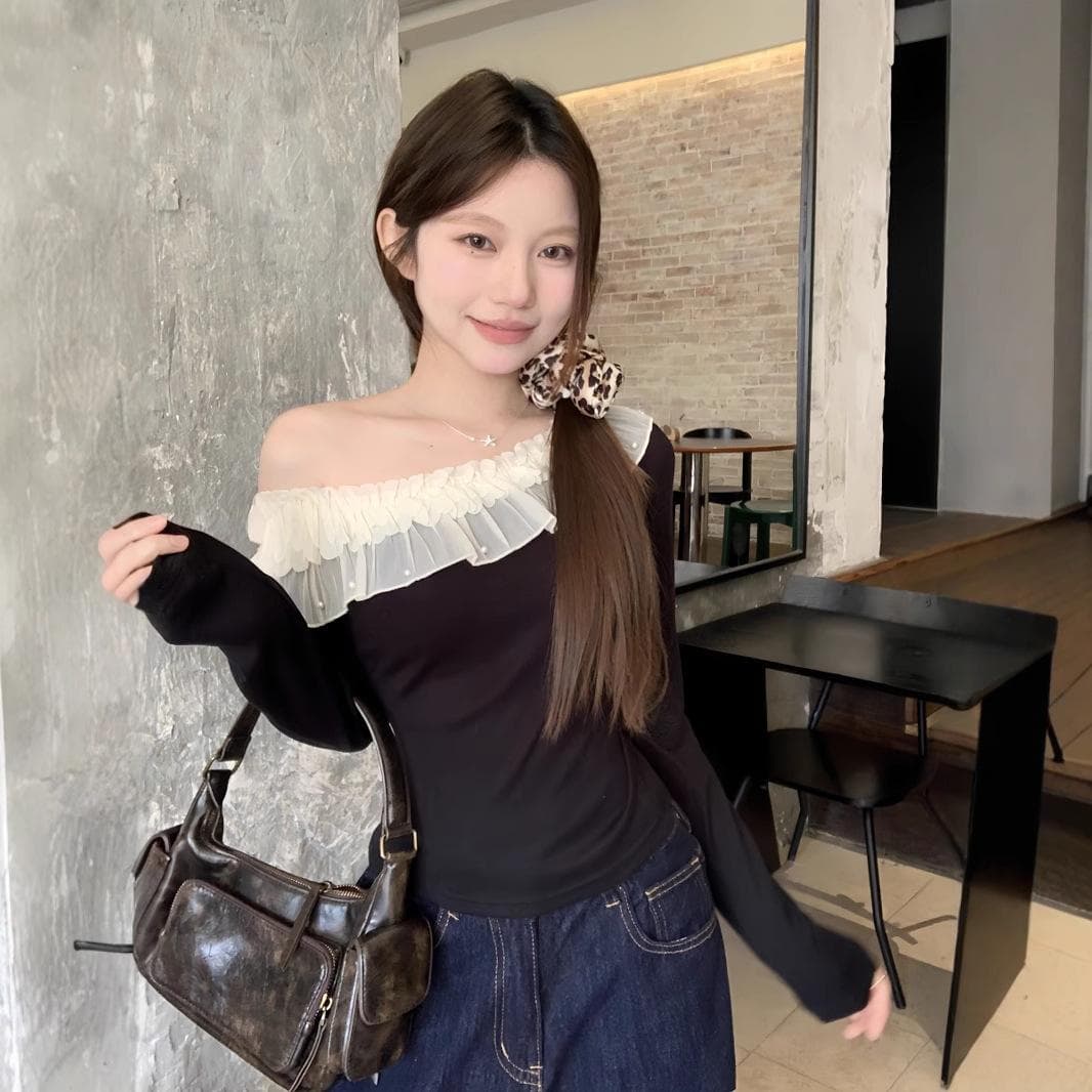 One-shoulder Lace Lace Long-sleeved White T-shirt for Women In Spring and Summer Pure Slim Fit Inner Bottom Shirt Top XL