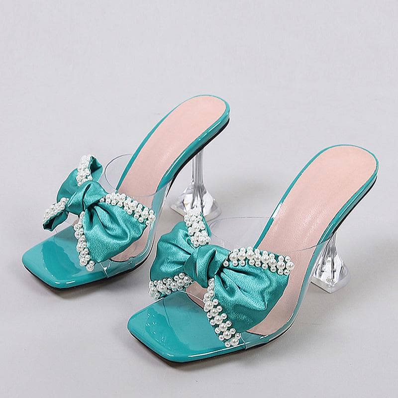 2025 New Style Pink Women Slippers Sandals Fashion Pearl Bowknot High Heels PVC Transparent Shoes Summer Mule Slides Pumps 34 green