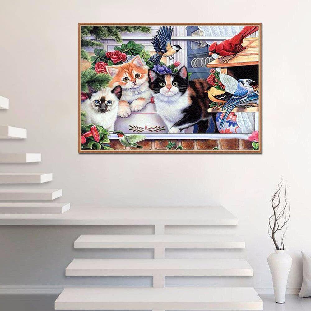 Diamond Embroidery Cats and Birds DIY Diamond Painting Round Drill Diamond Embroidery 20X30CM