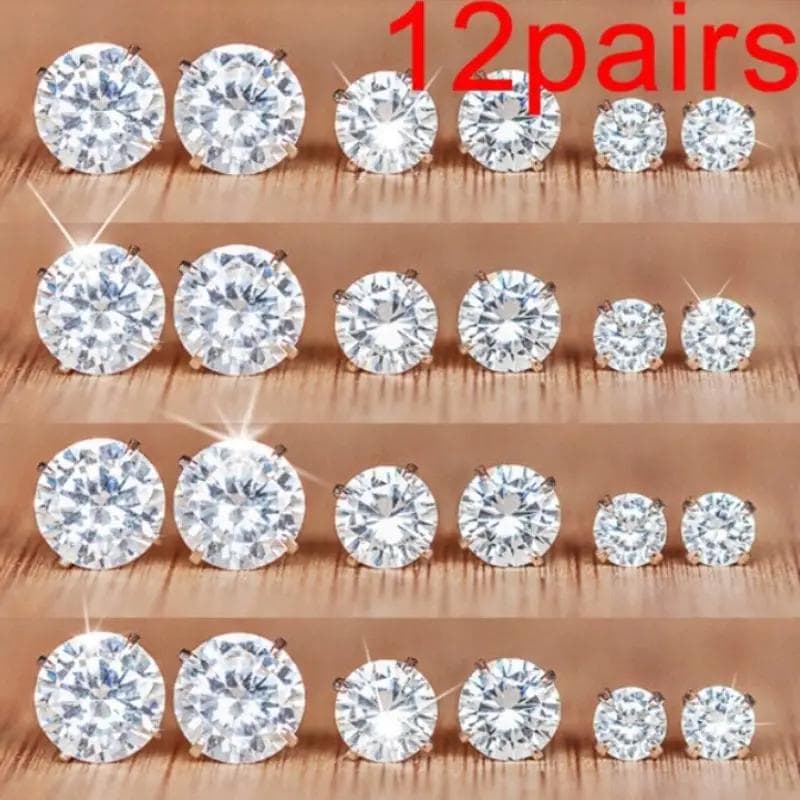 Six claw crystal zirconia earrings with white diamonds fashion 12 pairs combination card mounted earrings silver