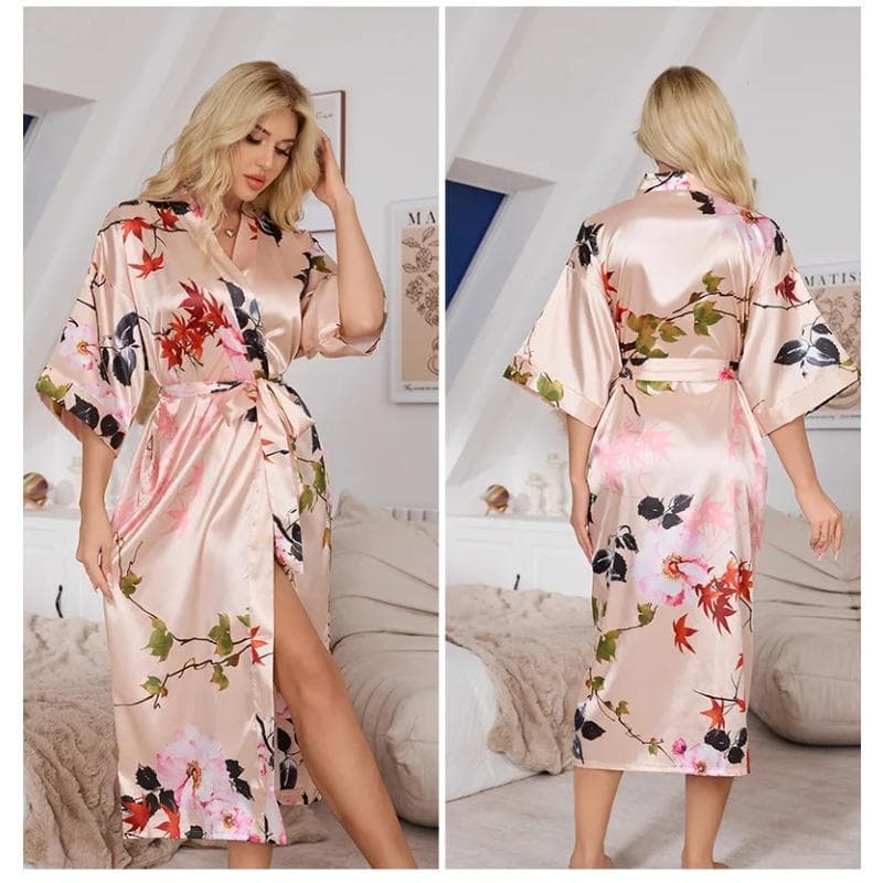 Spring Summer Women's Long Robe Sleepwear Print Flower Half Sleeve Kimono Bathrobe Gown Loose Silk Satin Nightgown Home Clothes M