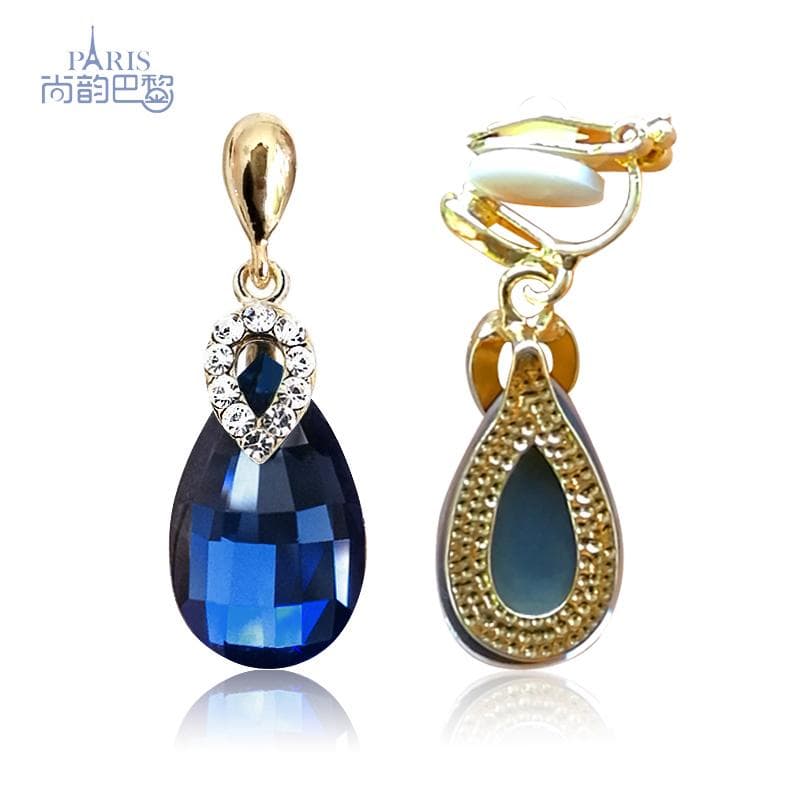 Luxury Crystal Waterdrop Clip on Earrings CZ No Pierced Earrings Women Girls Ear Cuff Wedding Party Jewelry blue