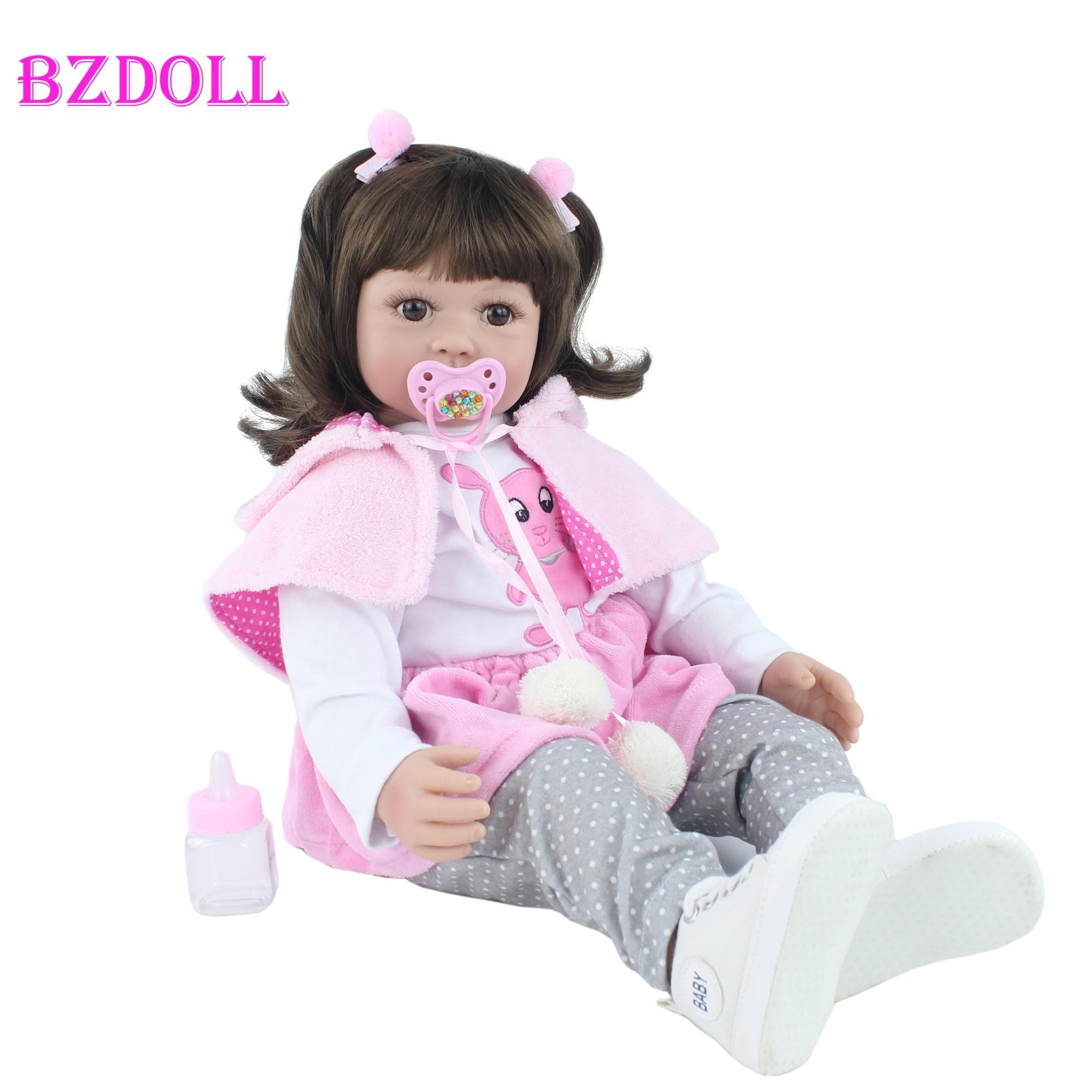 BZDOLL 60cm Soft Silicone Viny Reborn Babies Girl Like Real Toddler Princess Alive Bebe Lovely Birthday Gift Play House Toy 60cm Doll, Brown eyes