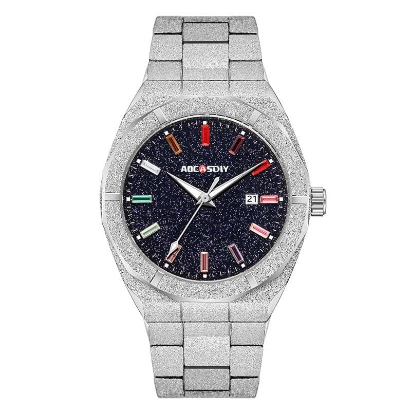 AOCASDIY Luxury Men Watche Colourful Crystal Waterproof Bling Dial Frosted Star Dust Rainbow Watch For Men silver