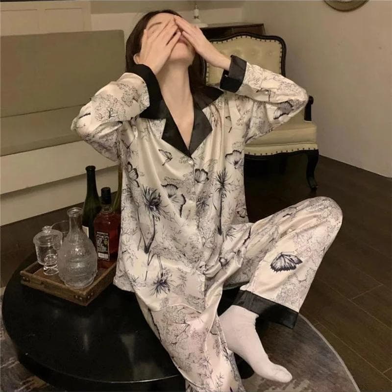 Print Women's Pajamas New Spring Fashion Female Home Lounges Classy Long Sleeve Pant Homewear XXXL