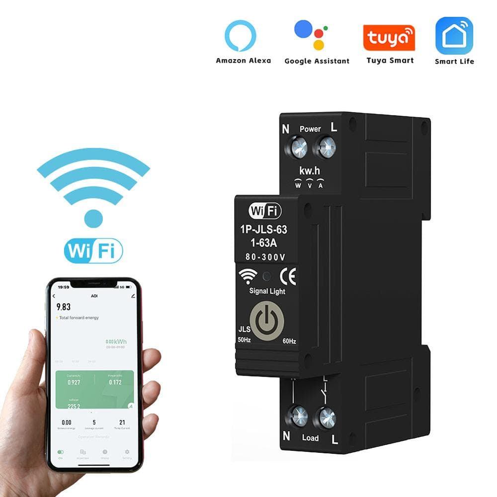 Tuya WiFi Intelligent Circuit Breaker 1P 63A DIN Rail Bidirectional Metering Energy Meter Support 3 black