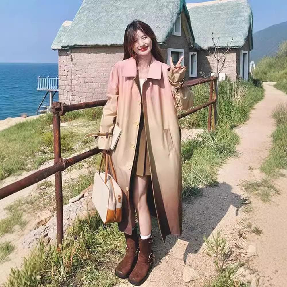 Casual Trench Coat Autumn Women's Medium and Long Korean Version Waist and Thin Coat XL