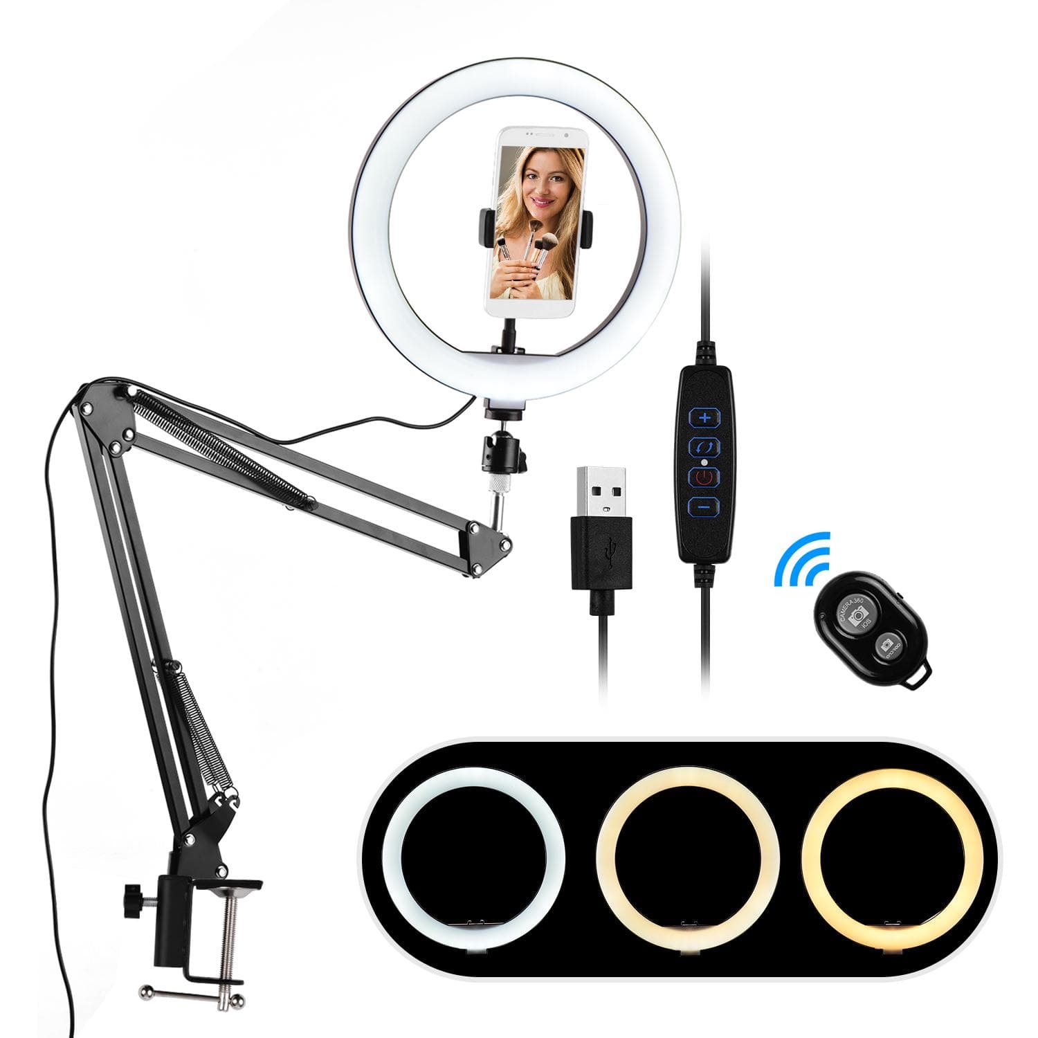 10 Inch Mini LED Ring Light Photography Fill-in Light 3 Lighting Modes Dimmable USB Powered with black