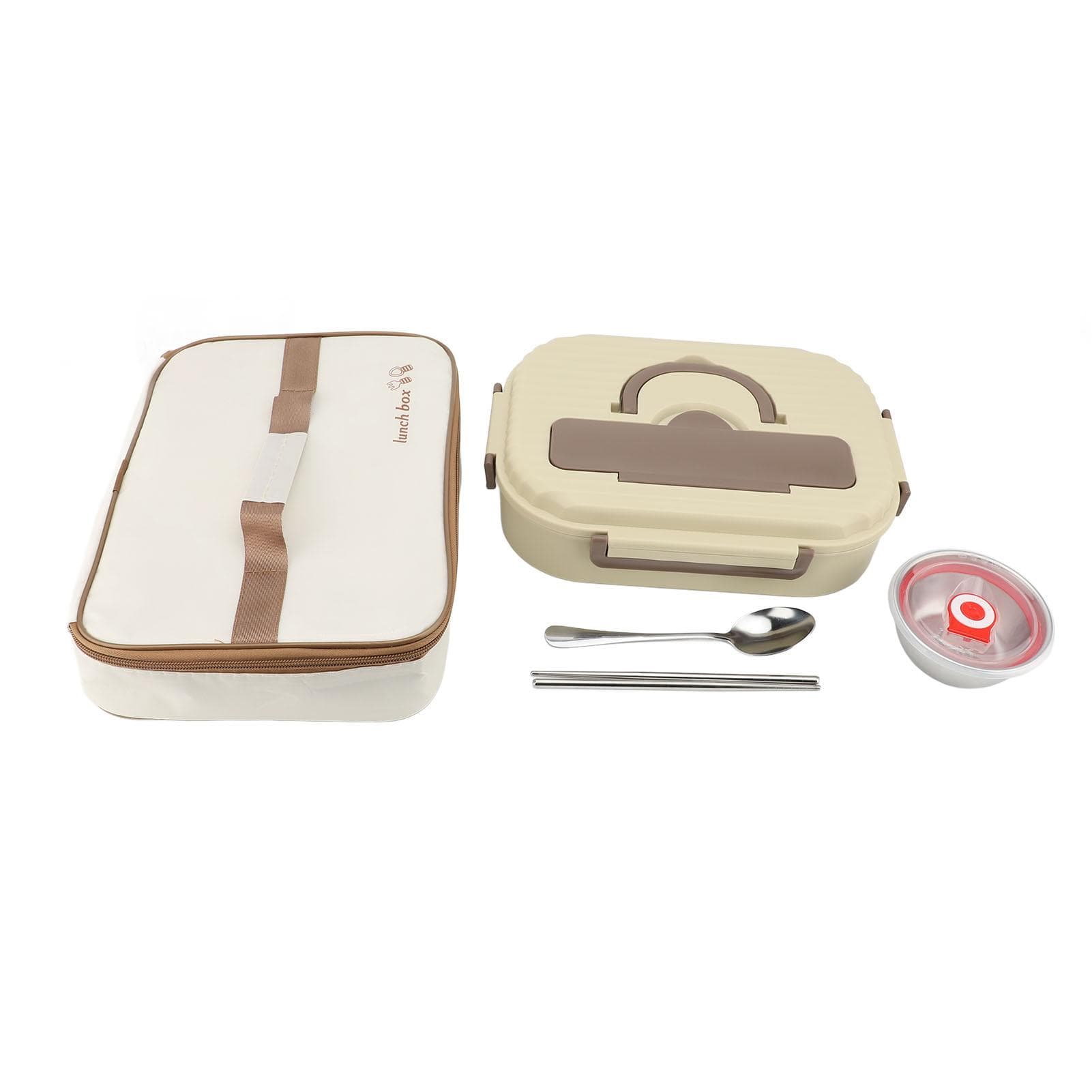 Lunch Container with Soup Bowl Chopsticks Spoon 304 Stainless Steel 4 Compartment Thickened Beige