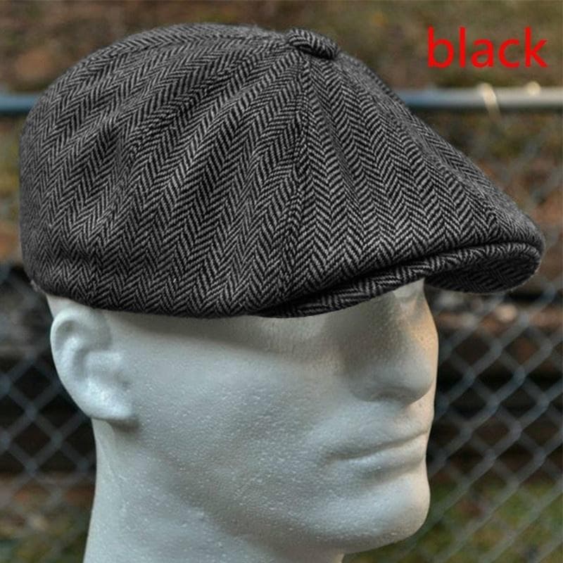 Unisex Casual Beret Wool Blend Striped Gentleman Flat Top Newsboy Hat Outdoor Sports Sunscreen Hat L black
