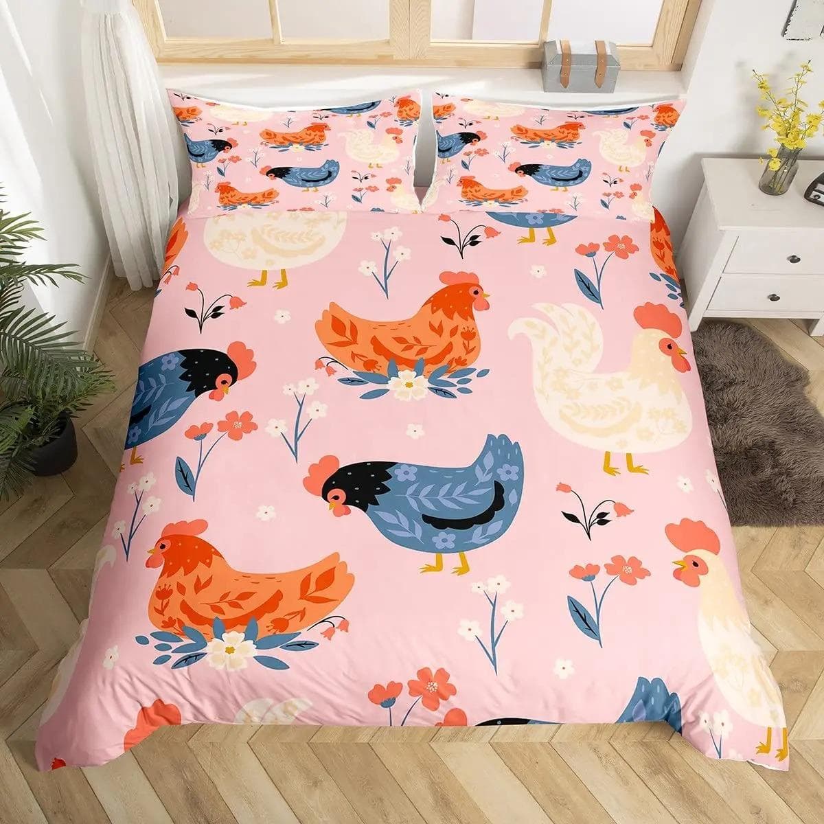 Cute Chicken Duvet Cover King Queen Colorful Rooster Bedding Set Farm Animal Comforter Cover Funny Rustic Farmhouse Quilt Cover EU Single 135x200cm