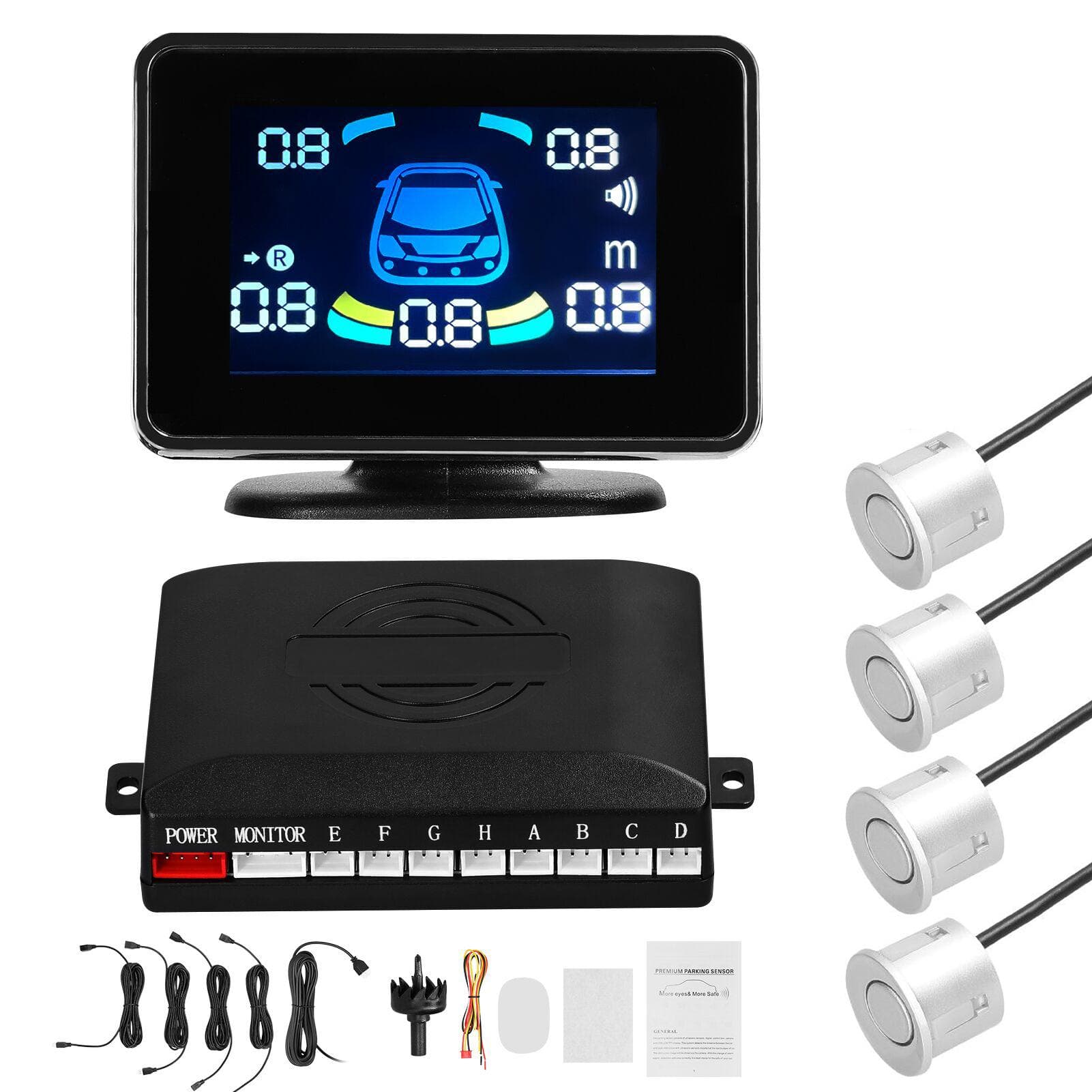 Car Parking Sensor Reversing Radars System Front & Rear Support Sound WarningBuzzerMute with 4 silver