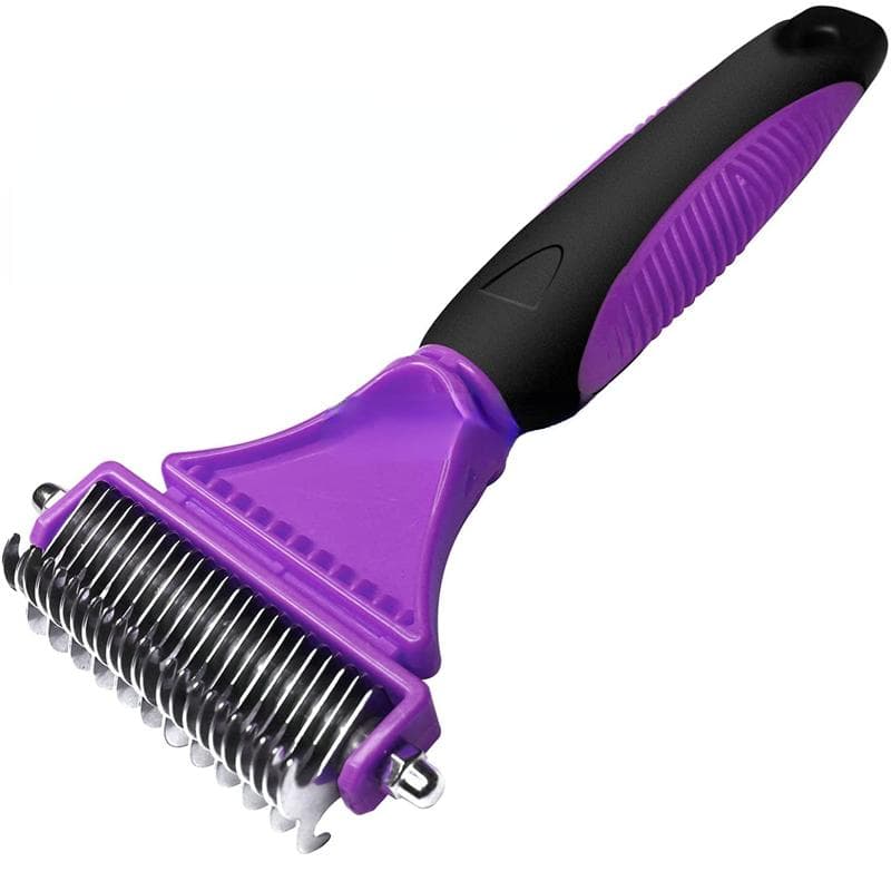 Pet Stainless Steel Grooming Brush Two-Sided Shedding And Dematting Rake Comb For Dog Cat Hair Knots Tangles Remover purple