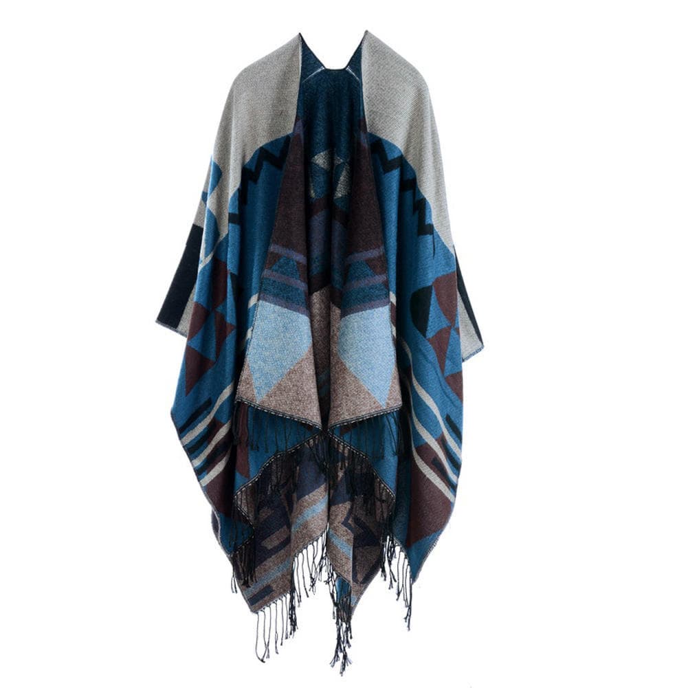 Women Knitted Shawl Poncho Faux Cashmere Geometric Pattern Tassel Oversized Long Bohemia Cape blue