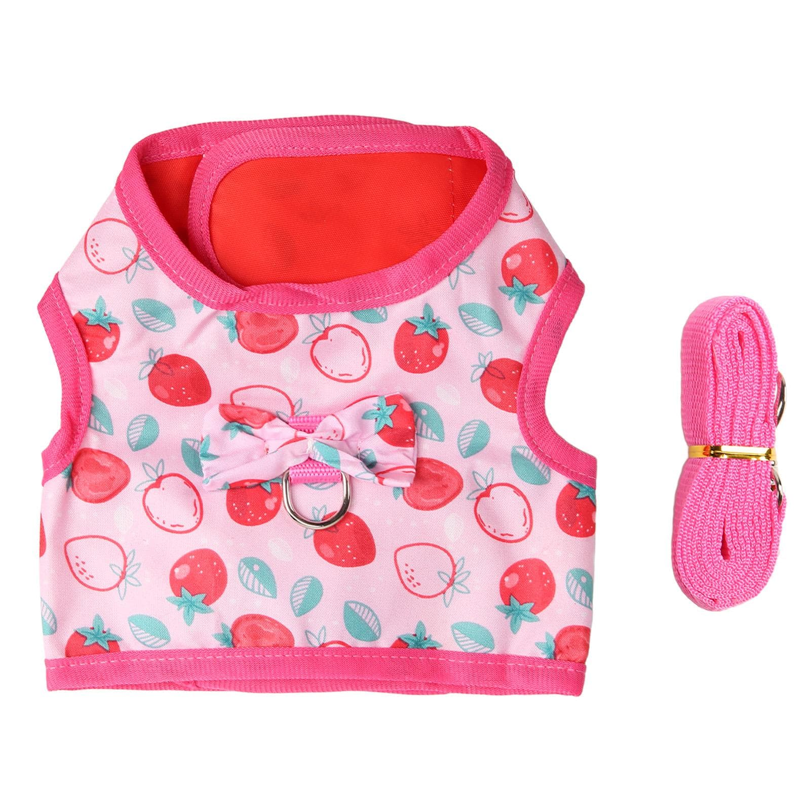 Rabbit Harness Dress Pink Cartoon Strawberry Printing Dyeing Soft Breathable Rabbit Clothes Leash S