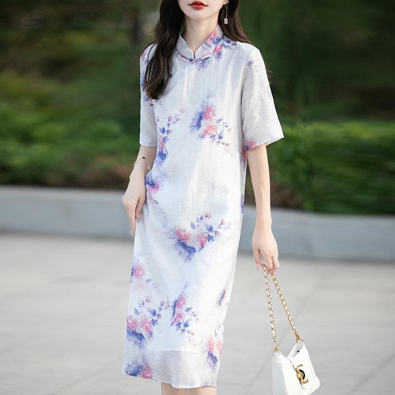 New Chinese Style Simple and Elegant Dress for Women, Improved Buckle Design, Cheongsam Skirt, Versatile and Fresh Stand-alone Collar Dress XXL